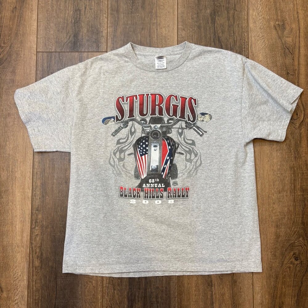 Sturgis 68th Annual Black Hills Rally 2008 T-Shirt XL Gray‎ Motorcycle  Flag